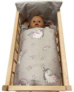 SDS Peřinky do postýlky pro panenky Jednorožec šedá Bavlna, výplň: Polyester, 1x 38x44 cm / 28x20 cm